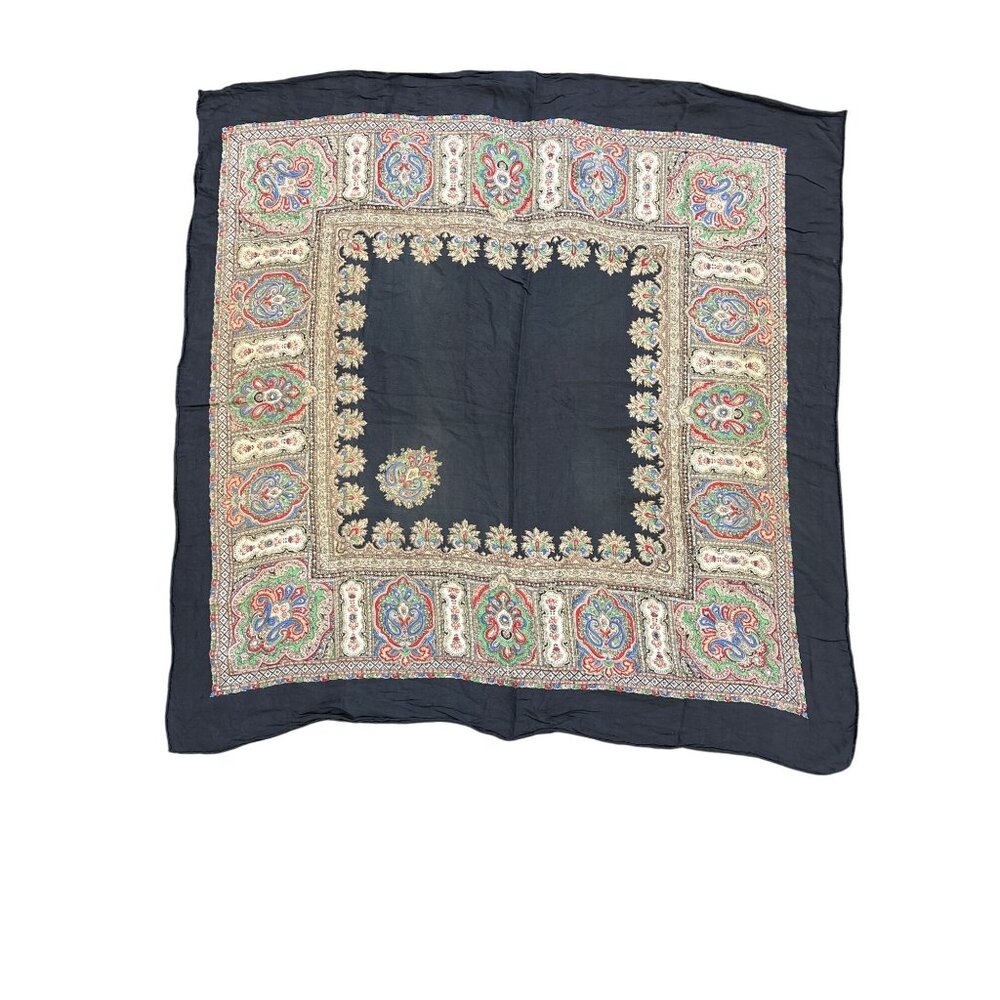 Vintage Paisley Print Square Scarf Navy With Intricate Multicolor Patterns Light
